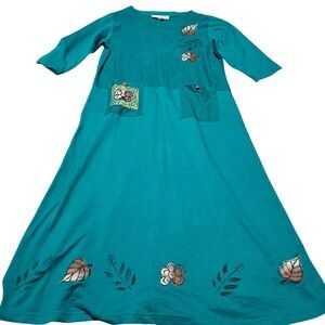 Vintage Studio G Teal Green Floral Leaf Print Maxi Dress Size Medium Made in USA